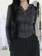 Spring Autumn Ruched Slim Fit Long Sleeve Buttons Up Drawstring Hooded Irregular Hem Tee