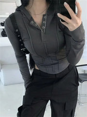 Spring Autumn Ruched Slim Fit Long Sleeve Buttons Up Drawstring Hooded Irregular Hem Tee