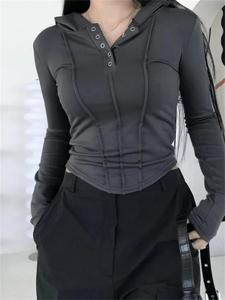 Spring Autumn Ruched Slim Fit Long Sleeve Buttons Up Drawstring Hooded Irregular Hem Tee