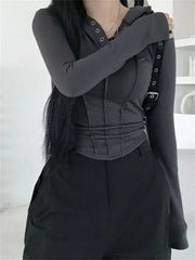 Spring Autumn Ruched Slim Fit Long Sleeve Buttons Up Drawstring Hooded Irregular Hem Tee