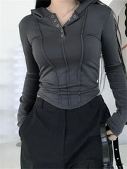 Spring Autumn Ruched Slim Fit Long Sleeve Buttons Up Drawstring Hooded Irregular Hem Tee