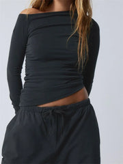 Spring Autumn Slim Fit Ruched Long Sleeve Irregular Hem Off Shoulder Basic Pullovers Tee