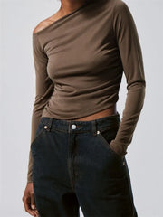 Spring Autumn Slim Fit Ruched Long Sleeve Irregular Hem Off Shoulder Basic Pullovers Tee
