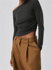 Spring Autumn Slim Fit Ruched Long Sleeve Irregular Hem Off Shoulder Basic Pullovers Tee