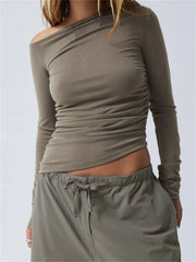 Spring Autumn Slim Fit Ruched Long Sleeve Irregular Hem Off Shoulder Basic Pullovers Tee