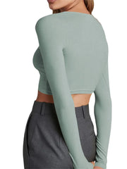 Spring Autumn Slim Knitwear Solid Color Long Sleeve V-neck Single Breasted Exposed Navel Cardigans Tee