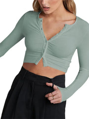Spring Autumn Slim Knitwear Solid Color Long Sleeve V-neck Single Breasted Exposed Navel Cardigans Tee