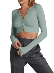 Spring Autumn Slim Knitwear Solid Color Long Sleeve V-neck Single Breasted Exposed Navel Cardigans Tee