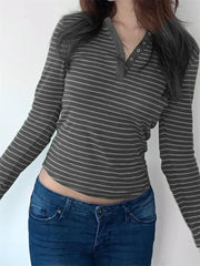 Spring Autumn Striped Casual Long Sleeve Buttons Up Slim Fit V-neck Basic Streetwear Tee