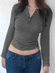 Spring Autumn Striped Casual Long Sleeve Buttons Up Slim Fit V-neck Basic Streetwear Tee