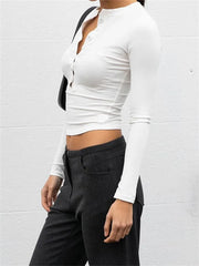 Spring Fall Casual Top Slim Fit Basic Solid V-neck Long Sleeve Button Up Streetwear Tee