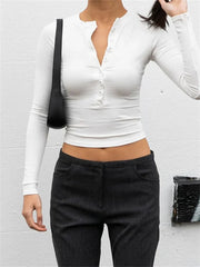 Spring Fall Casual Top Slim Fit Basic Solid V-neck Long Sleeve Button Up Streetwear Tee