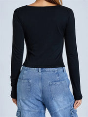 Spring Fall Front Hollow Out Long Sleeve Solid Slim Fit Pullovers Female Clubwear Basic Tee