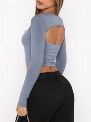 Spring Fall Long Sleeve Exposed Navel Top Solid Slim Fit Pullover Backless Female Streetwear Base Tee