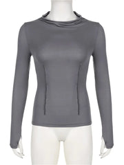 Spring Fall Slim Fit Casual Long Sleeve Solid Color Ruched Irregular Neck Streetwear Tee