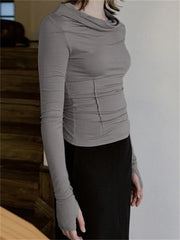 Spring Fall Slim Fit Casual Long Sleeve Solid Color Ruched Irregular Neck Streetwear Tee