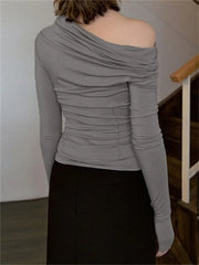 Spring Fall Slim Fit Casual Long Sleeve Solid Color Ruched Irregular Neck Streetwear Tee