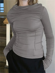 Spring Fall Slim Fit Casual Long Sleeve Solid Color Ruched Irregular Neck Streetwear Tee