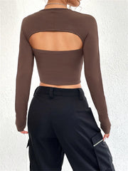 Spring Fall Solid Long Sleeve Square Neck y2k Fairycore Grunge Slim Fit Hollow Out Tee