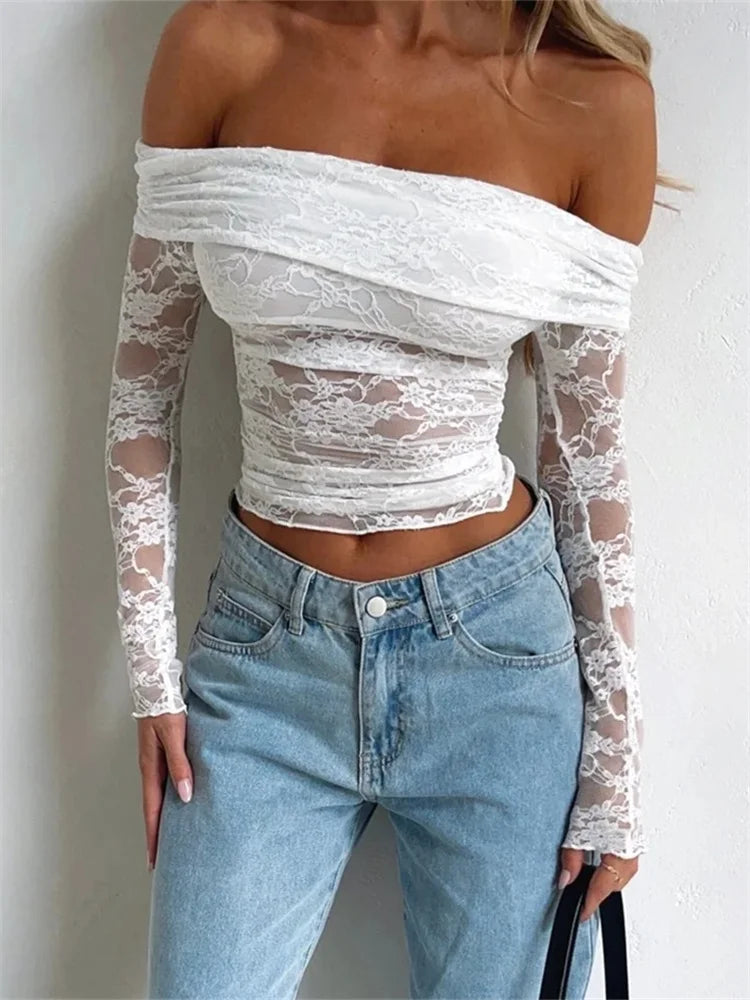 Spring Summer Lace Floral Cropped Sexy Long Sleeve Slash Neck Off Shoulder Slim Fit Clubwear Tee