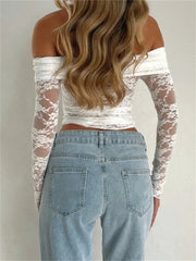 Spring Summer Lace Floral Cropped Sexy Long Sleeve Slash Neck Off Shoulder Slim Fit Clubwear Tee