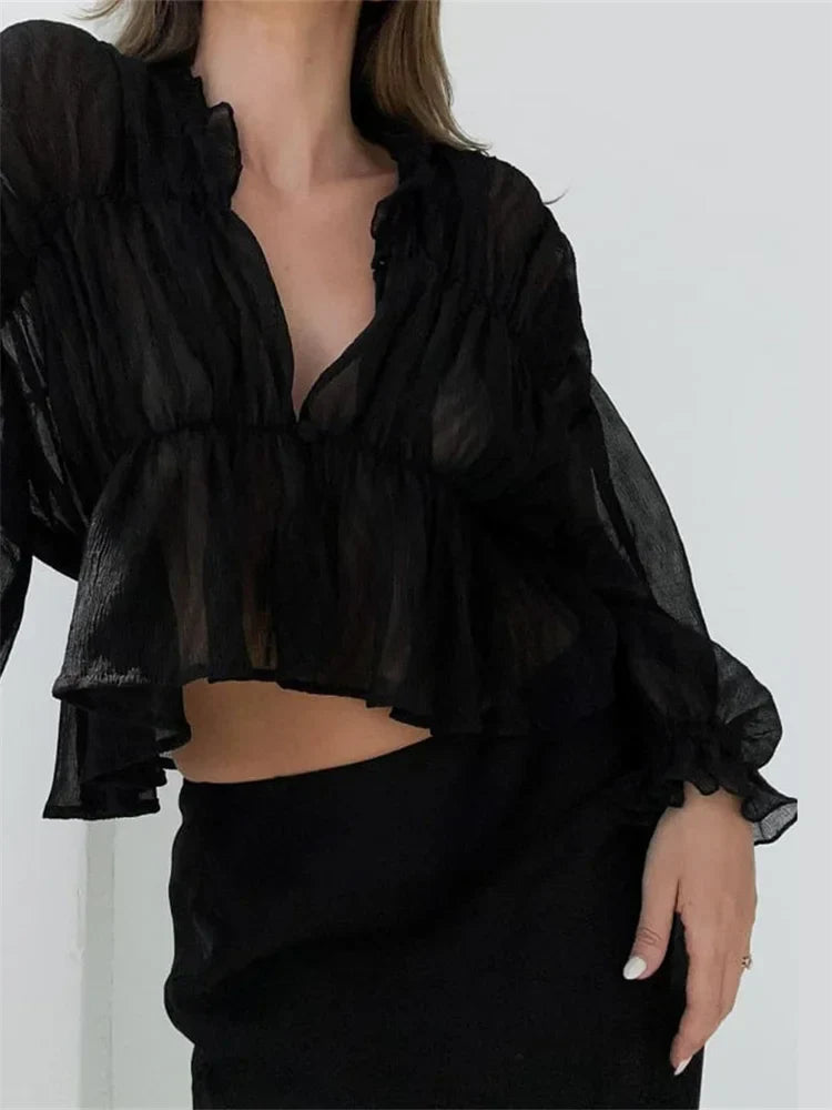 WomenMesh Sheer See Through Crop Tops Sleeve Deep V Neck Solid Ruched Ruffles Blouse