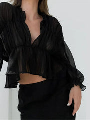 WomenMesh Sheer See Through Crop Tops Sleeve Deep V Neck Solid Ruched Ruffles Blouse