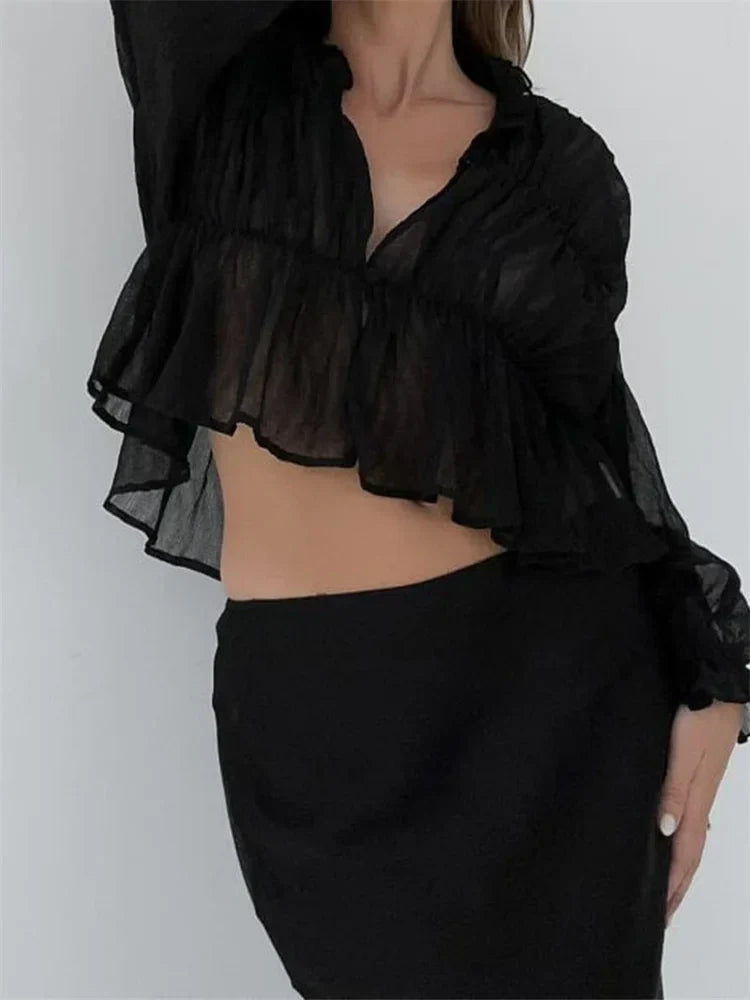 WomenMesh Sheer See Through Crop Tops Sleeve Deep V Neck Solid Ruched Ruffles Blouse
