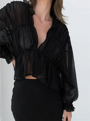 WomenMesh Sheer See Through Crop Tops Sleeve Deep V Neck Solid Ruched Ruffles Blouse