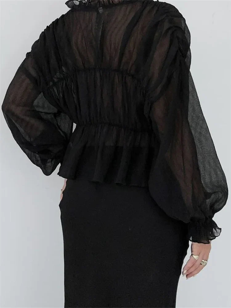 WomenMesh Sheer See Through Crop Tops Sleeve Deep V Neck Solid Ruched Ruffles Blouse