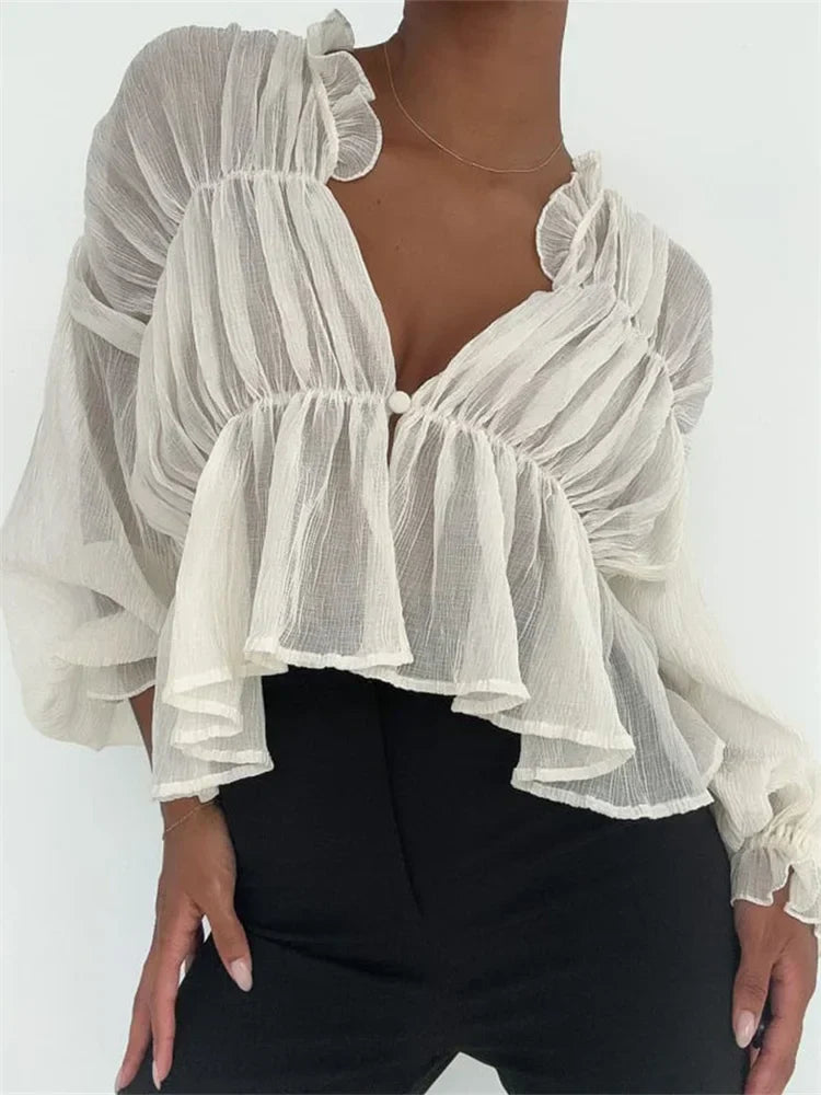 WomenMesh Sheer See Through Crop Tops Sleeve Deep V Neck Solid Ruched Ruffles Blouse