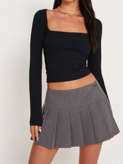 Square Neck Low Cut Long Sleeve Solid Slim Fit Pullovers Causal Female Streetwear Basic Tees