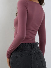 Square Neck Low Cut Long Sleeve Solid Slim Fit Pullovers Causal Female Streetwear Basic Tees