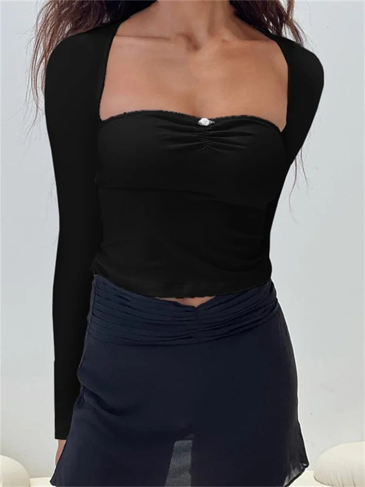 Square Neck Low Cut Sexy Grunge Long Sleeve Slim Fit Ruched Backless 90s Streetwear Tee