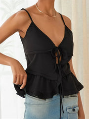 Color Sleeveless Deep V Neck Front Split Tie-Up Ruffles Hem Cami Top