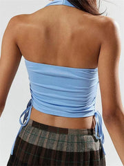 Halter Crop Side Drawstring Ruched Off Shoulder Streetwear Cami Top