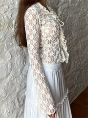 WomenSummer Lace Floral Flare Sleeve Front Lace-up See Through Slim Cardigan Clubwear Blouse