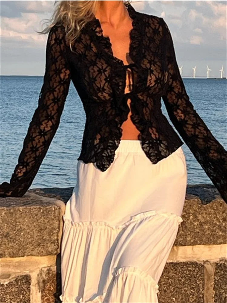 WomenSummer Lace Floral Flare Sleeve Front Lace-up See Through Slim Cardigan Clubwear Blouse