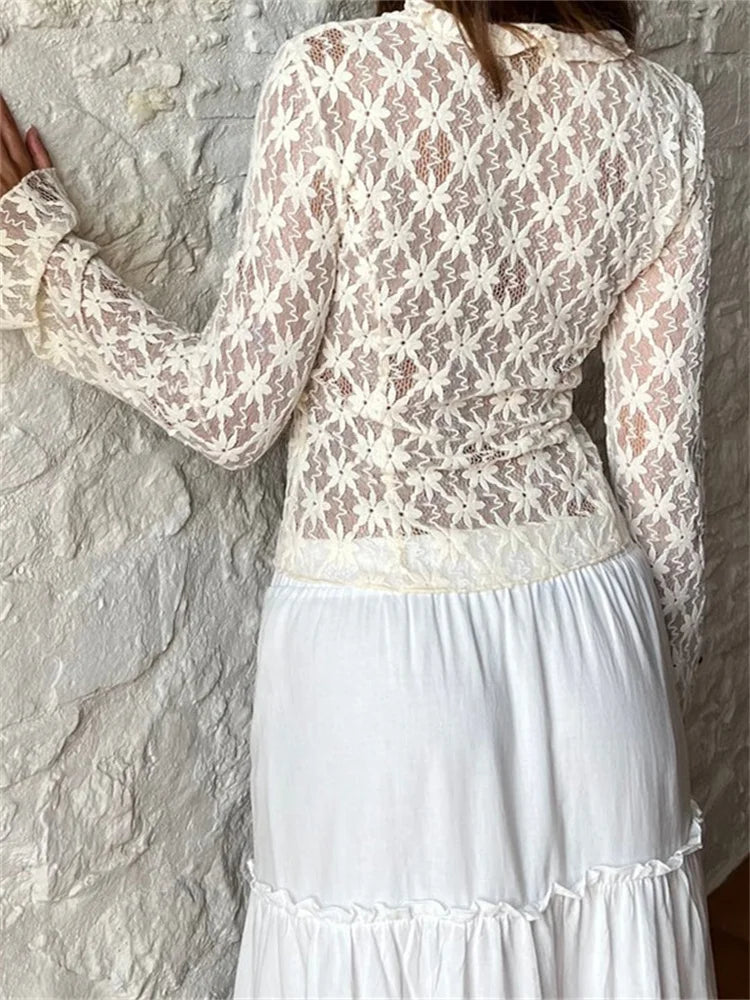 WomenSummer Lace Floral Flare Sleeve Front Lace-up See Through Slim Cardigan Clubwear Blouse