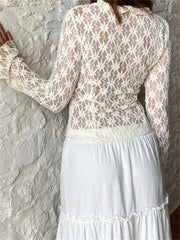 WomenSummer Lace Floral Flare Sleeve Front Lace-up See Through Slim Cardigan Clubwear Blouse