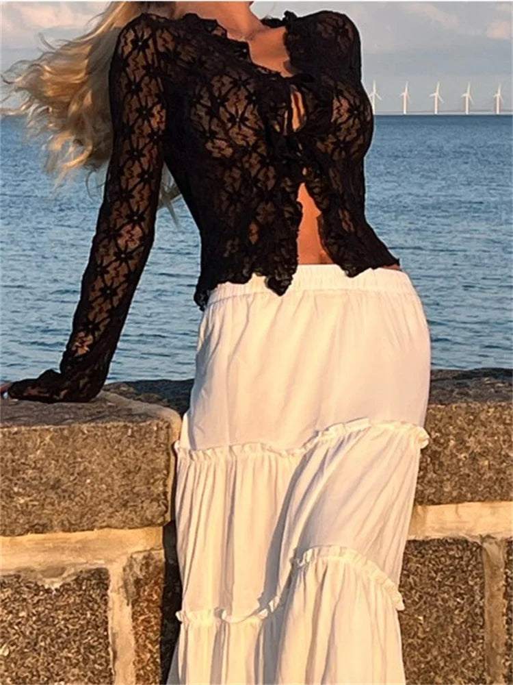 WomenSummer Lace Floral Flare Sleeve Front Lace-up See Through Slim Cardigan Clubwear Blouse