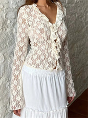 WomenSummer Lace Floral Flare Sleeve Front Lace-up See Through Slim Cardigan Clubwear Blouse