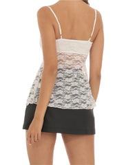 Summer Lace Front Split Bowknot Patchwork Spaghetti Strap Ruched New Party Club Cami Top 2024