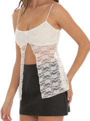 Summer Lace Front Split Bowknot Patchwork Spaghetti Strap Ruched New Party Club Cami Top 2024