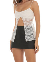 Summer Lace Front Split Bowknot Patchwork Spaghetti Strap Ruched New Party Club Cami Top 2024