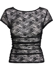 Summer Short Sleeve Lace Slim Fit See Through Pullovers Causal Female Streetwear Basic Tee