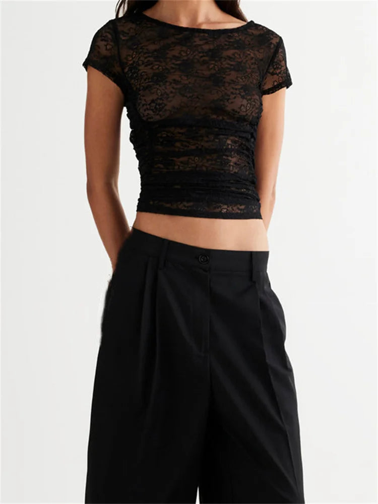 Summer Short Sleeve Lace Slim Fit See Through Pullovers Causal Female Streetwear Basic Tee