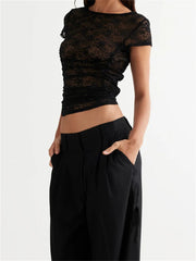 Summer Short Sleeve Lace Slim Fit See Through Pullovers Causal Female Streetwear Basic Tee