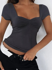 Summer Short Sleeve Square Neck Y2K Slim Fit Solid Color Streetwear Basic Tee