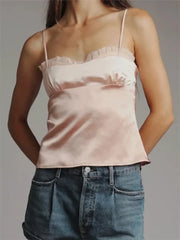 Summer Spaghetti Strap Backless Mesh Ruffles Patchwork Solid Color Clubwear Cami Top 2024